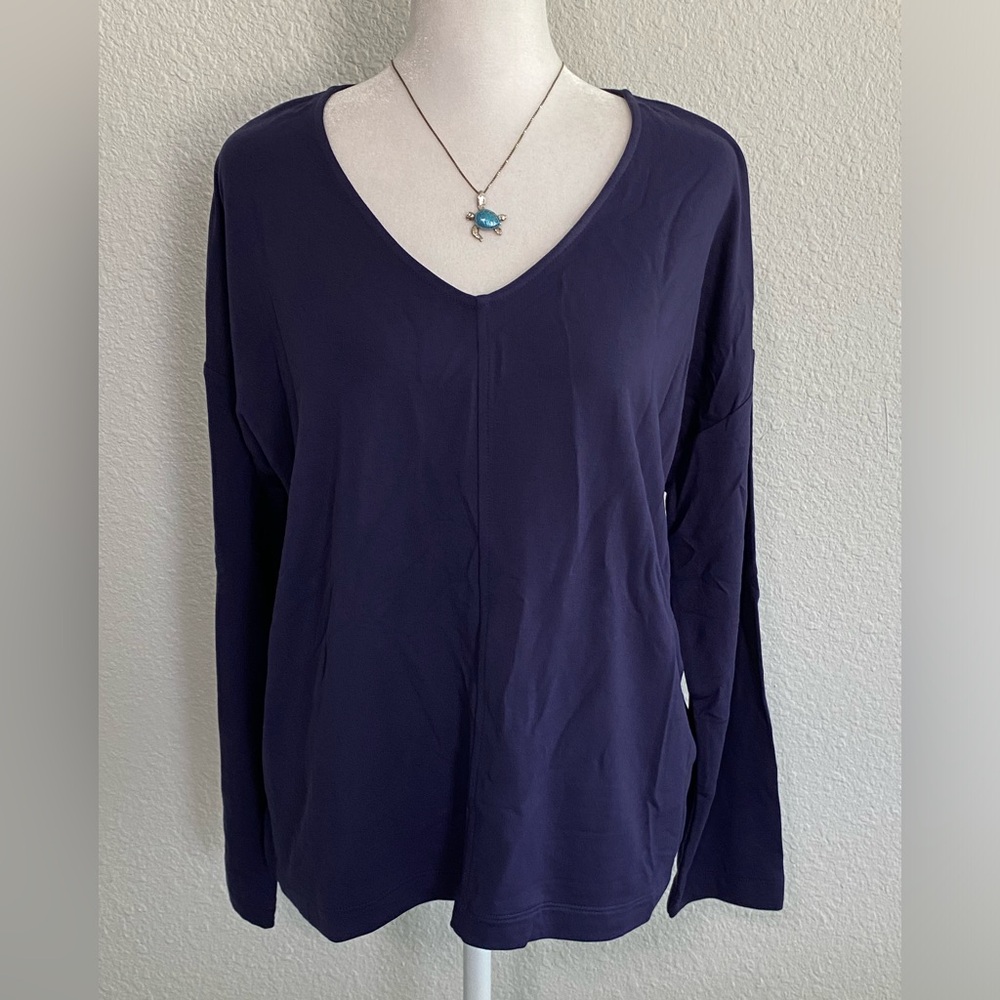 NWT J.Jill purejill ECO-Terry top midnight blue Women’s sz MP V Neck long sleeve